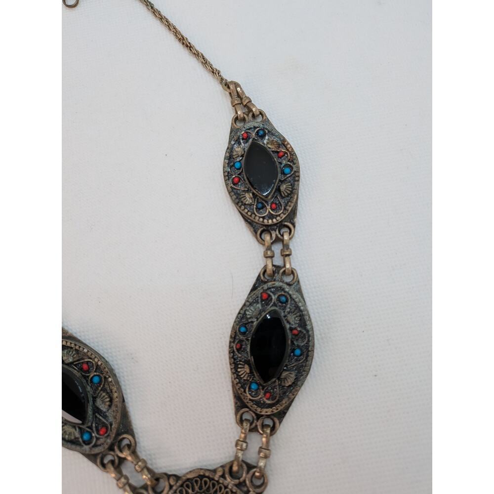 Afghan Indian Handmade Tribal Boho Vintage Necklace with Black Onyx Blue & Red - Picture 5 of 7